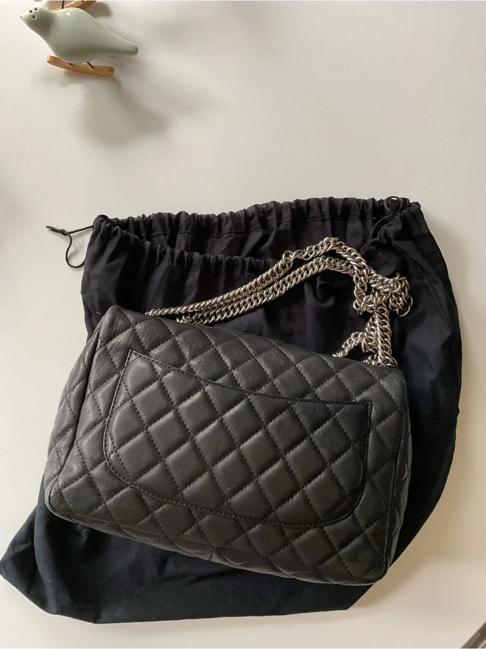 CHANEL Black Quilted Large Flap Shoulder Bag with Silver Chain